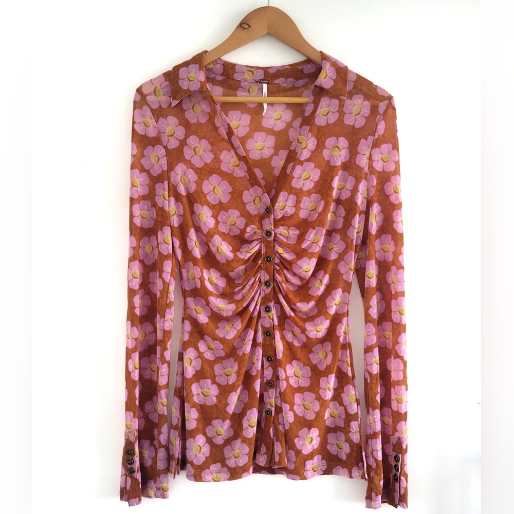 Free People Retro Floral Blouse Women's Size Small Burnt Orange Pink Floral